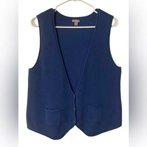J Jill Crochet Vest Women’s Large Petite Blue 100% Cotton Pockets Button Cottage